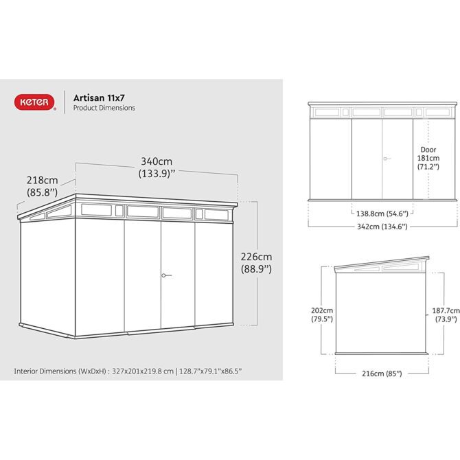 Keter 11’x 7′ Artisan Heavy Duty Plastic Pent Shed – Grey-oakleysgardenmachine- Free shipping