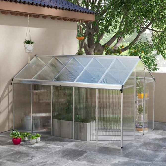 Outsunny 6 x 10ft Polycarbonate Greenhouse with Rain Gutters – Silver