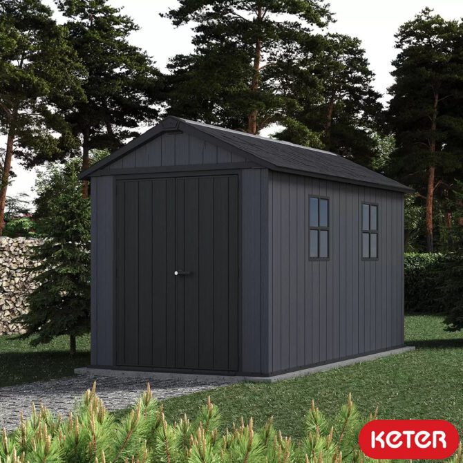 Keter 7.5’x11′ Newton Plus Front Entry Plastic Shed – Dark Grey-oakleysgardenmachine- Free shipping