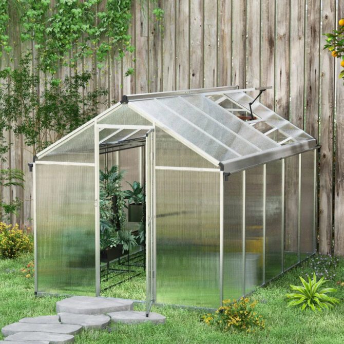 Outsunny 6 x 10ft Polycarbonate Greenhouse with Rain Gutters – Silver