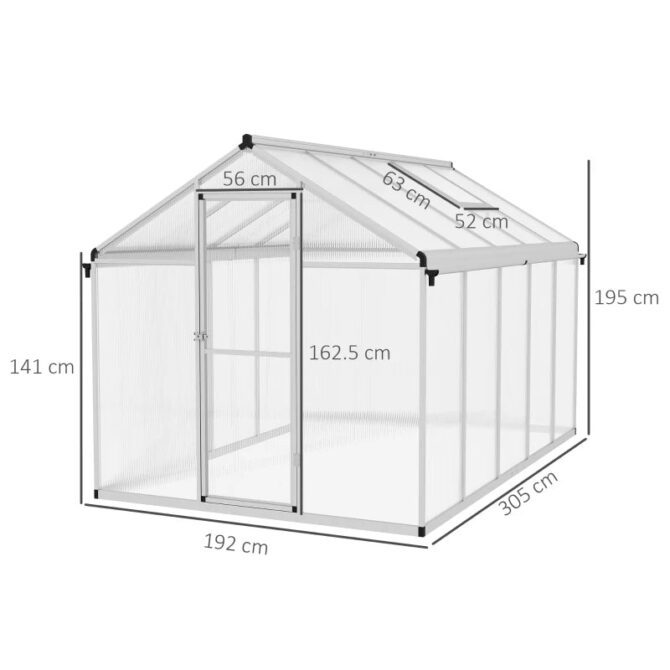 Outsunny 6 x 10ft Polycarbonate Greenhouse with Rain Gutters – Silver