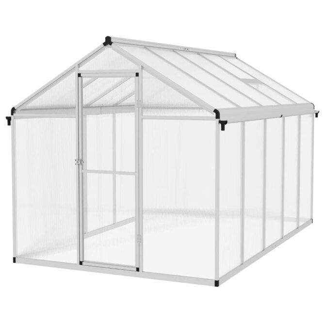 Outsunny 6 x 10ft Polycarbonate Greenhouse with Rain Gutters – Silver